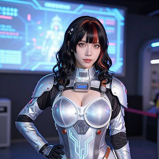 Digital CGI of a fair-skinned, black-haired woman with red highlights in futuristic silver armor with glowing blue accents, standing in a high-tech, neon