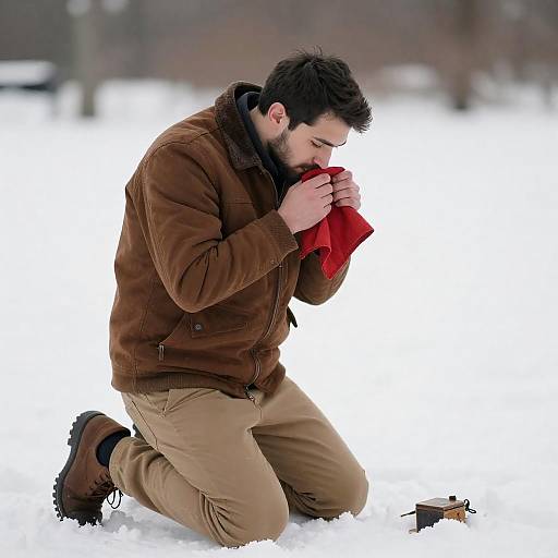 Kneeling Man in Snow with Red Cloth