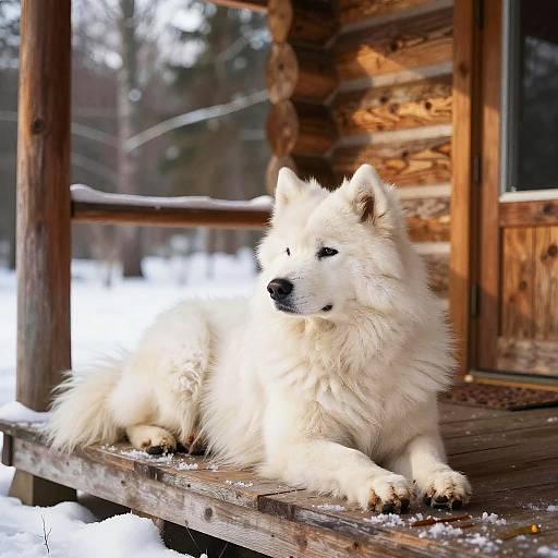 Samoyed Wolf Mix on Cozy Porch