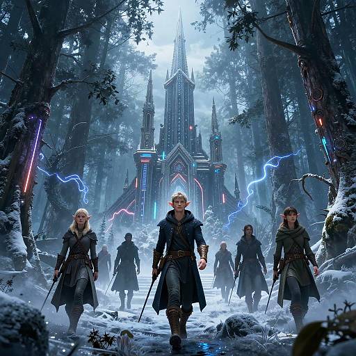 Elven Warriors in Cyberpunk Icy Forest