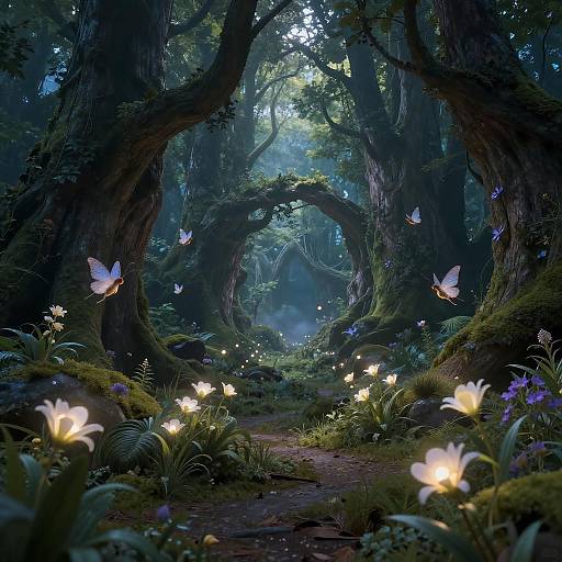 Enchanted forest scene with glowing fireflies, white luminescent flowers, and large, twisted trees creating a magical, moonlit pathway. Digital