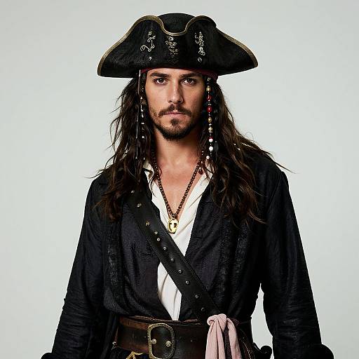Photograph of a handsome man with long brown hair and beard, wearing a black pirate hat, dark jacket, and white shirt, against a white background