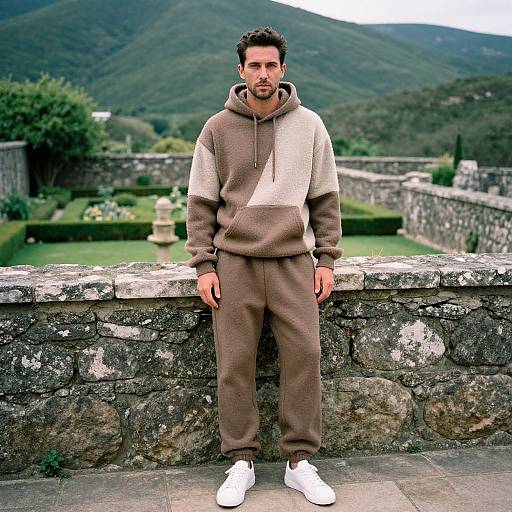 Photograph of a bearded man in brown hoodie and pants, white sneakers, leaning on stone wall with mountainous garden background.