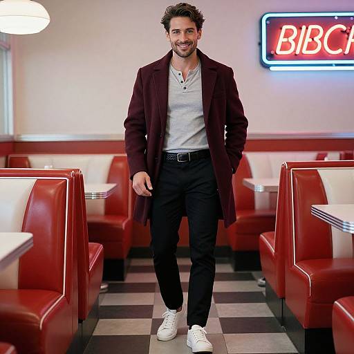 Photograph of a smiling, curly-haired man in a dark coat, white shirt, black pants, and white sneakers standing in a retro-styled diner