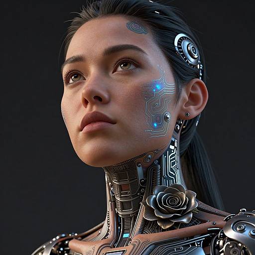 CGI portrait of a woman with cybernetic enhancements, featuring glowing blue circuits on her face and neck, against a dark background.