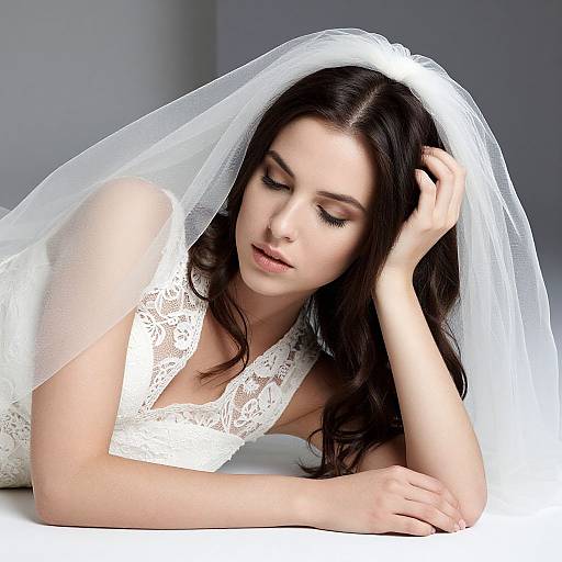 Photograph of a fair-skinned woman with long black hair, wearing a white lace wedding dress and veil, resting her head on her hand, eyes