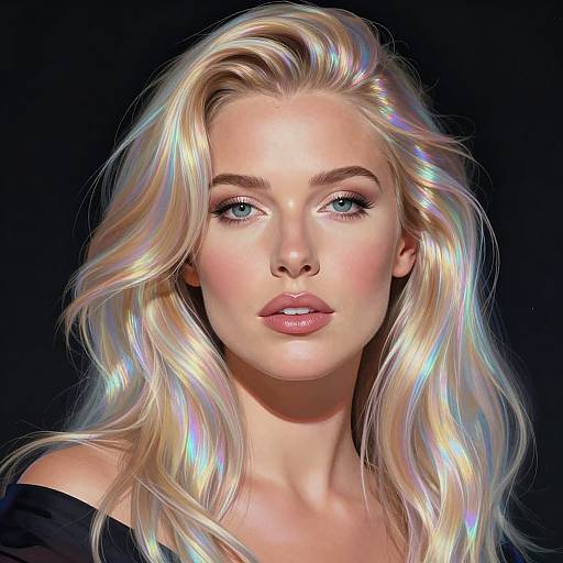 Digital portrait of a blonde woman with iridescent hair, blue eyes, and glossy pink lips, wearing an off-shoulder black top against a