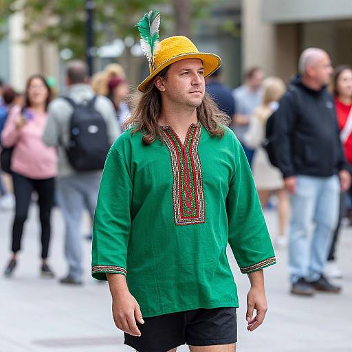 Photograph of a long-haired man in a green shirt with red embroidery, black shorts, and a yellow hat with feathers, walking in a busy urban