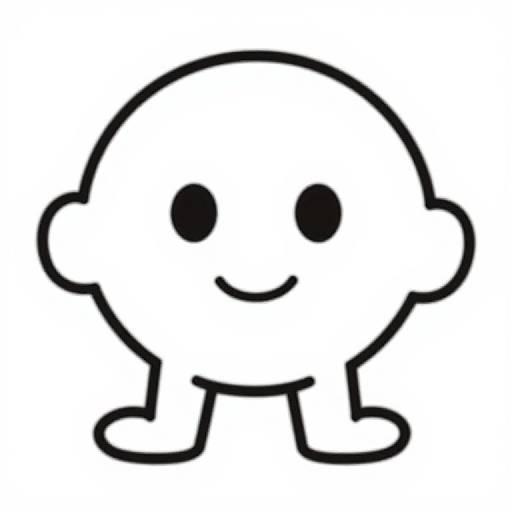 Black-and-white cartoon drawing of a simple, smiling, round-faced character with two small circles for eyes, small circular ears, and short legs.