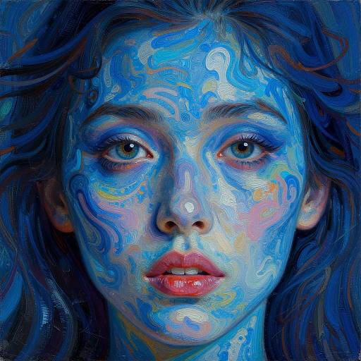 Digital painting of a woman with vibrant blue swirls on her face, large expressive eyes, and red lips, set against a dark blue background. Hyper