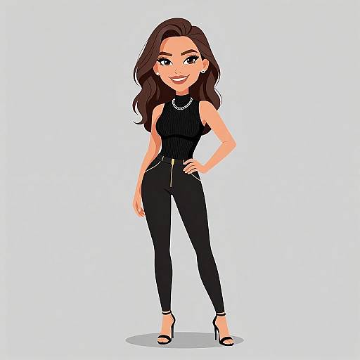 Digital illustration of a confident woman with long brown hair, wearing a black sleeveless top, high-waisted black pants, and high heels, standing