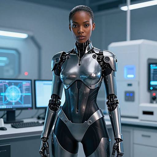 Photorealistic CGI of a black woman with a sleek, metallic cybernetic body standing in a futuristic laboratory with glowing screens.