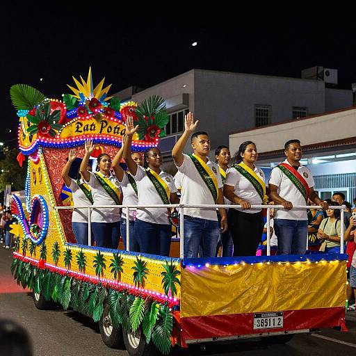 Vibrant Nighttime Parade with Colorful Float