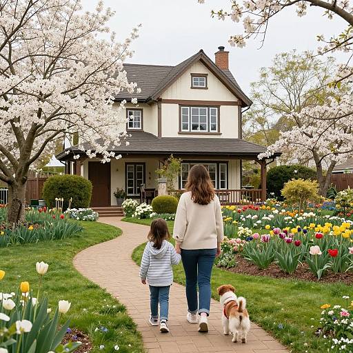 Photograph of a woman, child, and dog walking on a brick path to a white, two-story house with blooming cherry trees and colorful tul