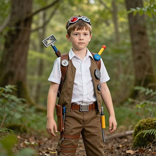Photograph of a young boy with brown hair, wearing aviator goggles, white shirt, brown vest, and pants, carrying scout gear in a forest