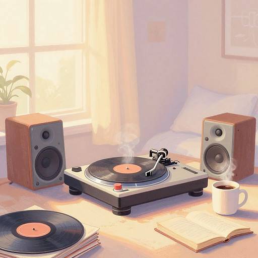 Photorealistic digital image of a sunlit bedroom with a vinyl record player, two wooden speakers, a white cup, and an open book on a