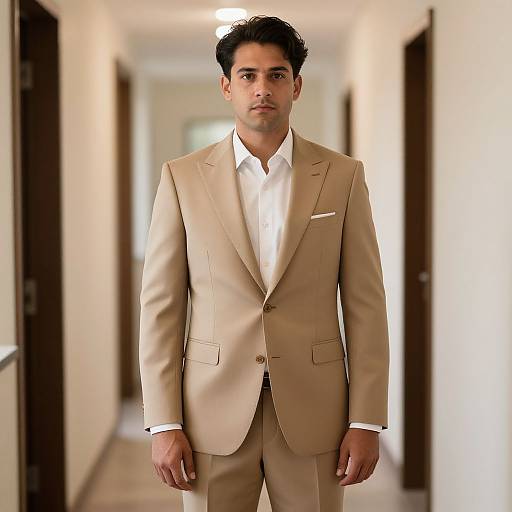 Photograph of a young man with medium skin tone, black curly hair, wearing a beige suit, white shirt, standing in a bright, narrow hallway