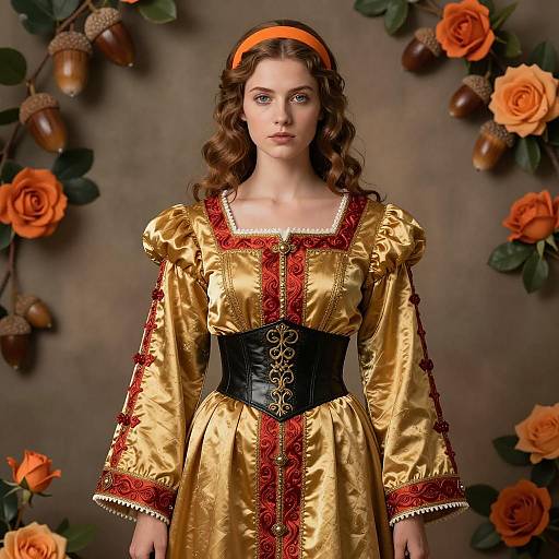 Renaissance-Inspired Woman in Gold Satin Dress