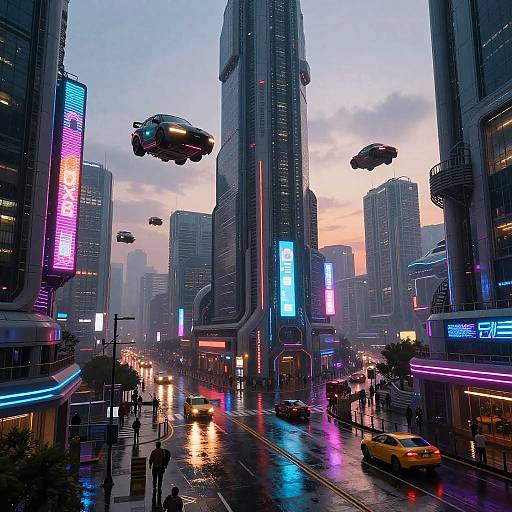 Neon-lit, futuristic cityscape at dusk featuring flying cars, towering skyscrapers, vibrant streetlights, and wet, reflective roads with yellow