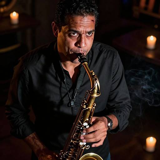 Photograph of a dark-haired, middle-aged man with intense gaze, playing a golden saxophone in a dimly lit room with glowing candles in the