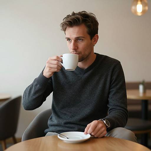 Stylish European Man in Minimalist Café
