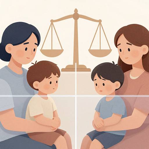 Digital illustration of a family with two children, a mother, and a father, seated together, holding hands, with a balanced scale symbol in the background