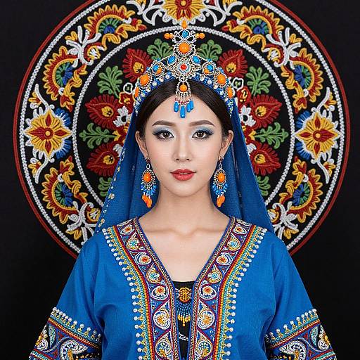 Photograph of an Asian woman in vibrant blue traditional attire with intricate floral embroidery, orange and blue jewelry, and a detailed floral headpiece against a black