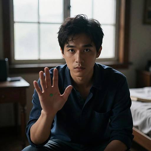 Male in Dim Room with Green Object