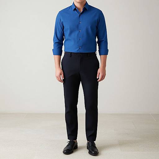 Photograph of a man from neck to ankles, wearing a blue button-up shirt, black pants, and black shoes, standing against a white background.