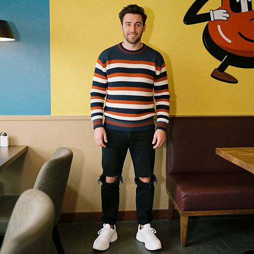 Photograph of a bearded man with short dark hair, wearing a black and orange striped sweater, ripped black jeans, and white sneakers, standing in