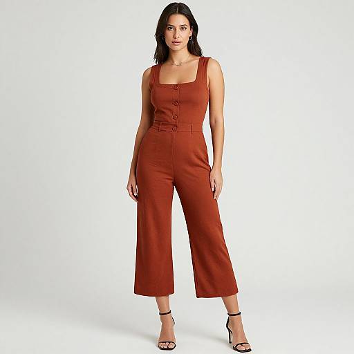 Photograph of a woman with dark hair, wearing a sleeveless, buttoned, rust-colored jumpsuit and black high-heeled sandals, standing against