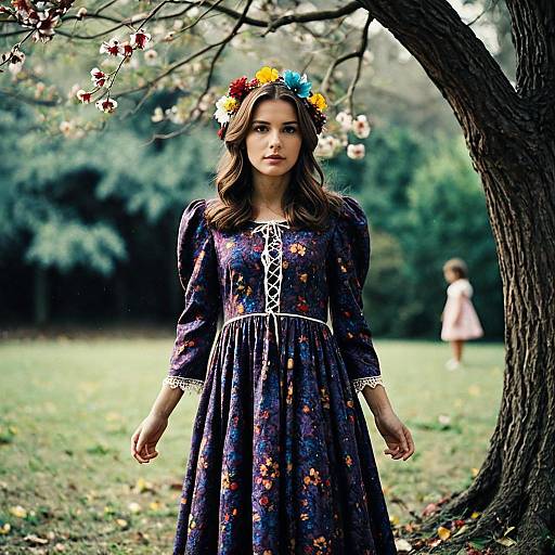 Woman in Floral Conjuring Costume with Flower Crown