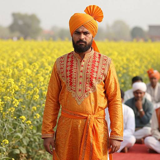 Bearded Indian Man in Yellow Flower Field
