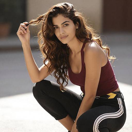 Sunlit Crouching Woman in Maroon Outfit