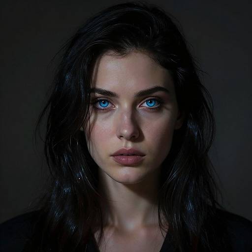 Photograph of a young woman with striking blue eyes, long black hair, pale skin, and serious expression, set against a dark background.