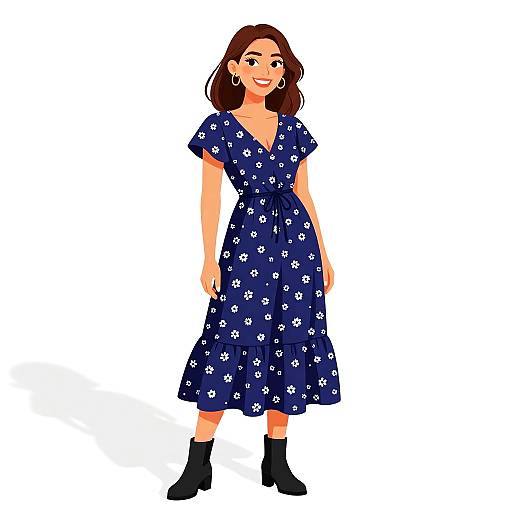 Digital illustration of a smiling woman with medium-length brown hair, wearing a navy blue dress with white star patterns, black ankle boots, and gold hoop earrings