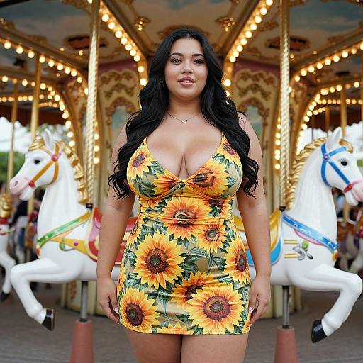 Photograph of a curvy, Latina woman with long black hair, large breasts, wearing a sunflower-patterned, low-cut dress, standing in