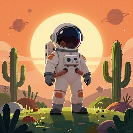 Digital illustration of a cartoon astronaut in a white spacesuit standing on grassy terrain, with cacti, planets, and a bright orange sunset in