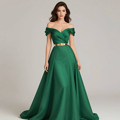 Photograph of a woman with long dark hair in an off-shoulder, emerald green evening gown with gold belt, standing against a plain white