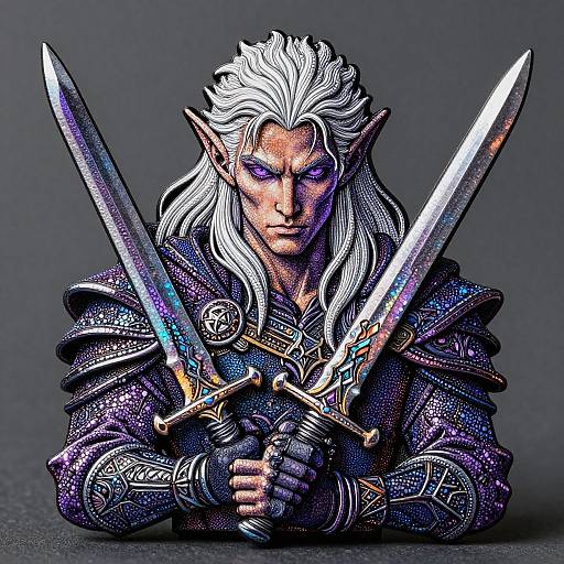 Digital painting of a fierce, white-haired elven warrior with glowing purple eyes, holding two shimmering swords crossed in front. Wearing ornate,