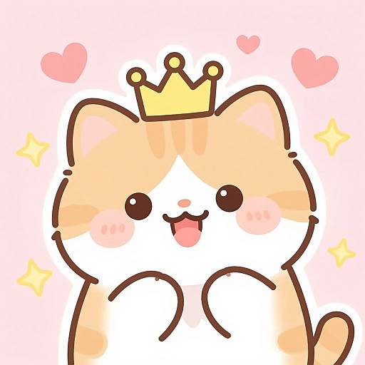 Cute, cartoon-style drawing of a blushing, orange-and-white fluffy cat with a yellow crown, pink hearts, and sparkles, smiling happily
