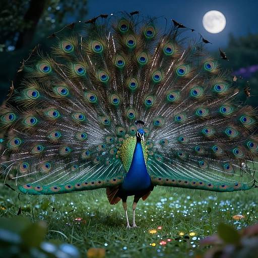 Majestic Peacock Soaring in Moonlit Garden