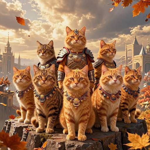 Digital artwork of six armored, orange tabby kittens standing on a rock, with a sunset cityscape and autumn leaves in the background.