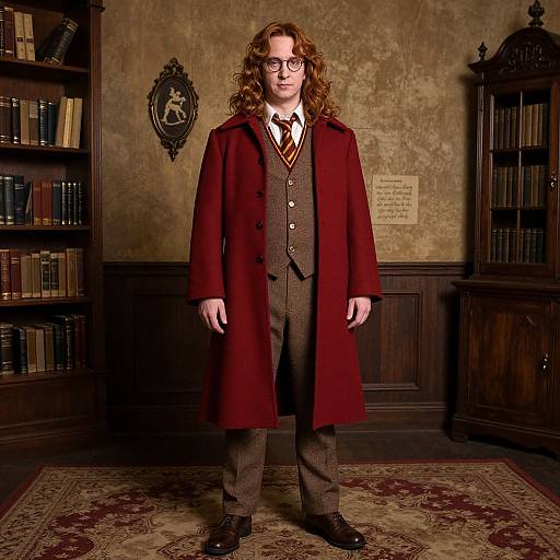 Photograph of a man with long curly brown hair, glasses, wearing a red Victorian-style coat, brown suit, and striped tie, standing in a