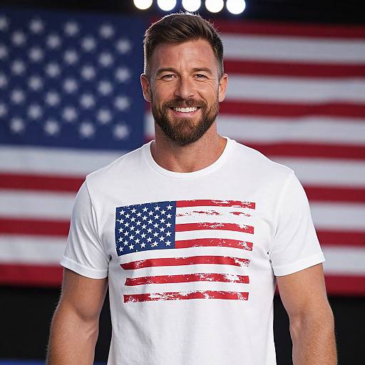 Photograph of a smiling, bearded man with short brown hair, wearing a white T-shirt with a red and blue American flag design, standing in