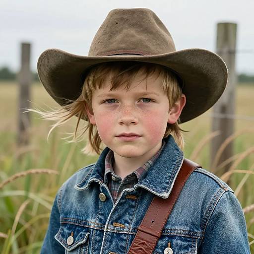 Photograph of a young boy with freckles, wearing a brown cowboy hat, denim shirt, and brown suspenders, standing in a grassy