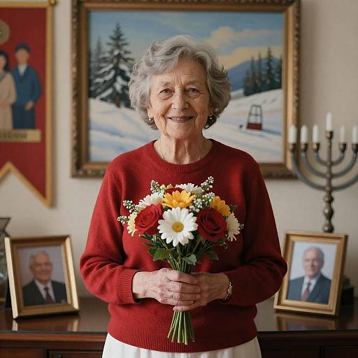 Elderly Woman in Red Sweater Smiling