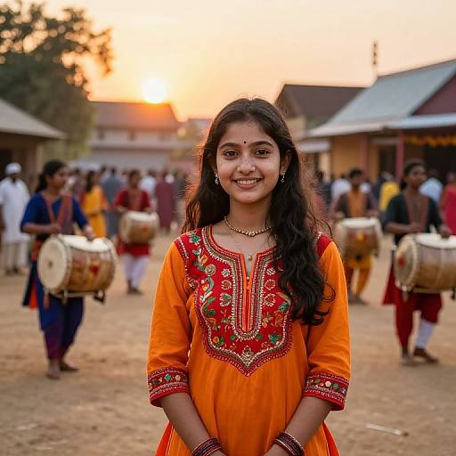 Photograph of a smiling Indian woman with long dark hair in an orange traditional dress with red embroidery, standing in a village at sunset, surrounded by drum