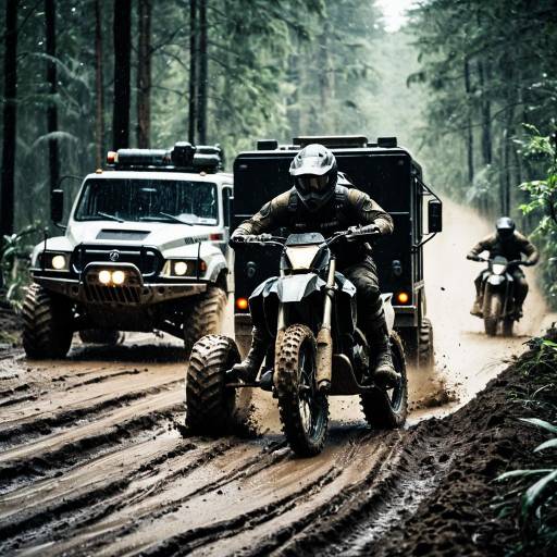 Dirt Bike Evading Armored SWAT Trucks on Muddy Forest Trail