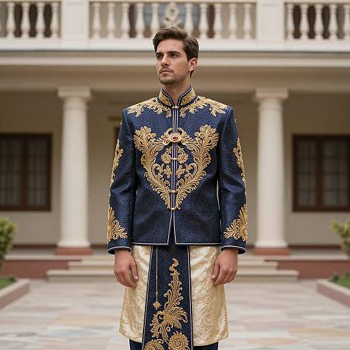 Photograph of a young man in a navy blue sherwani with gold floral embroidery, standing in front of a colonial-style building.